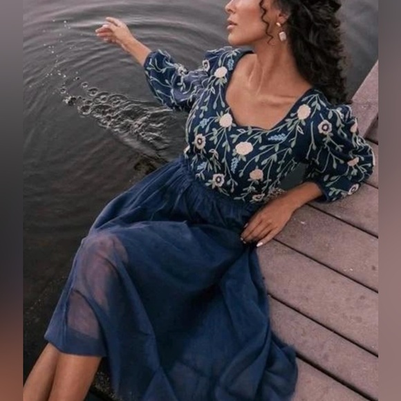 JessaKae Dresses & Skirts - JessaKae Leah Ryder Navy Floral Embroidered Midi Dress, Tulle Skirt, Small